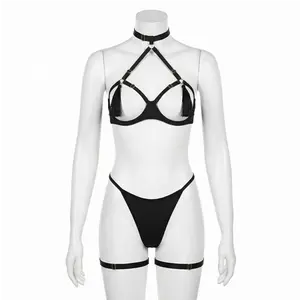 Women's Sexy Lingerie Set with G-String & Stockings, Strappy Hollow Out Fringe Temptation Babydoll, Open Crotch Crotchless Bodysuit with Detachable Garter Sexy Party Crop Top Set with Fishnets