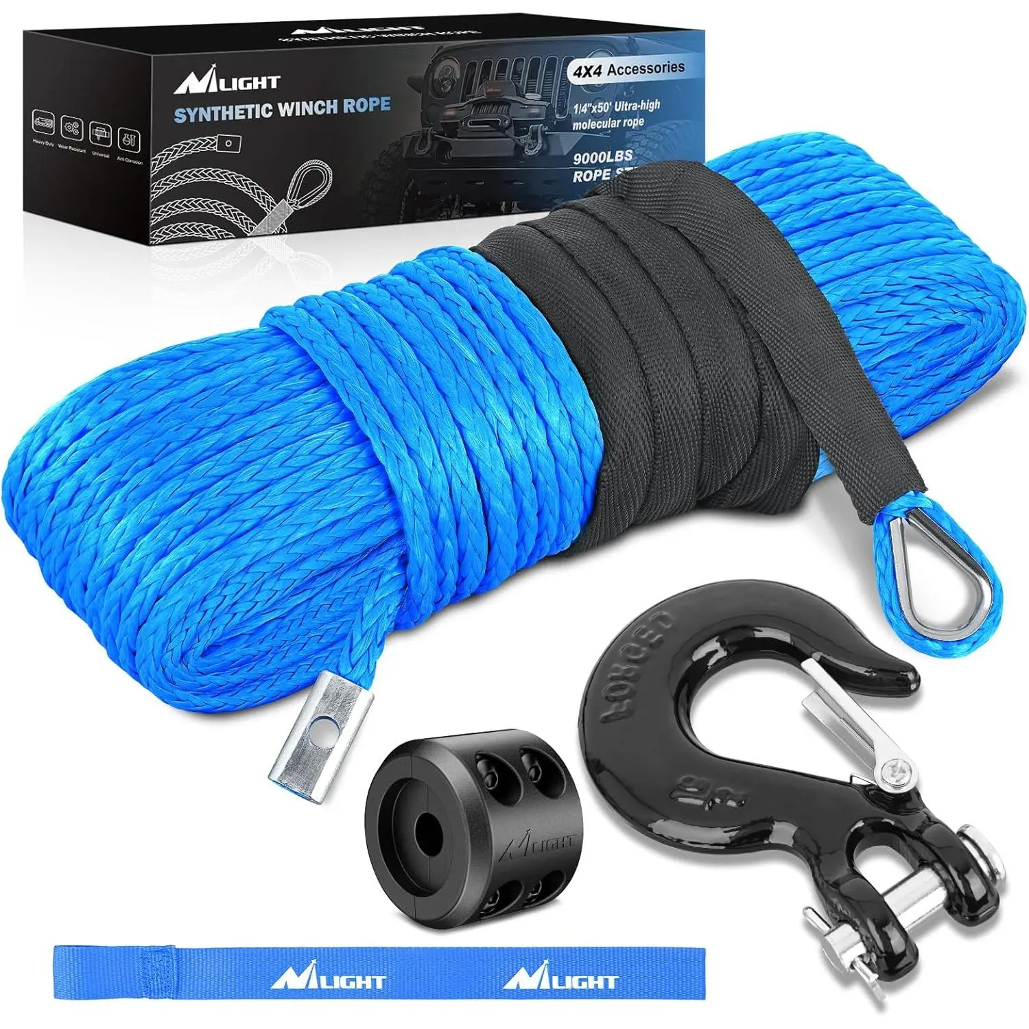 Nilight 1/4 Inch x 50 Feet Winch Rope Synthetic Winch Line Cable Universal for ATV UTV 4x4 Off-Road   9000lbs Winch Line Ropes with Steel Hook Rubber Stopper Protective Sleeve Safety Strap,Blue fathersdaygift Durable Tie Downs