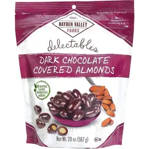 Hayden Valley Foods Dark Chocolate Covered Almonds | 20 oz Resealable Bag | Flavored Snack Nuts | No Artificial Flavors, Preservatives or Colors
