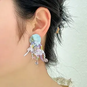 Spring Summer Super Fairy Seaside Purple Shell Flower Beaded Sweet Earrings Mosquito Coil Disk Ear Clips, Ear Clip, Hassle-Free, Shell Motif Ear Cuffs