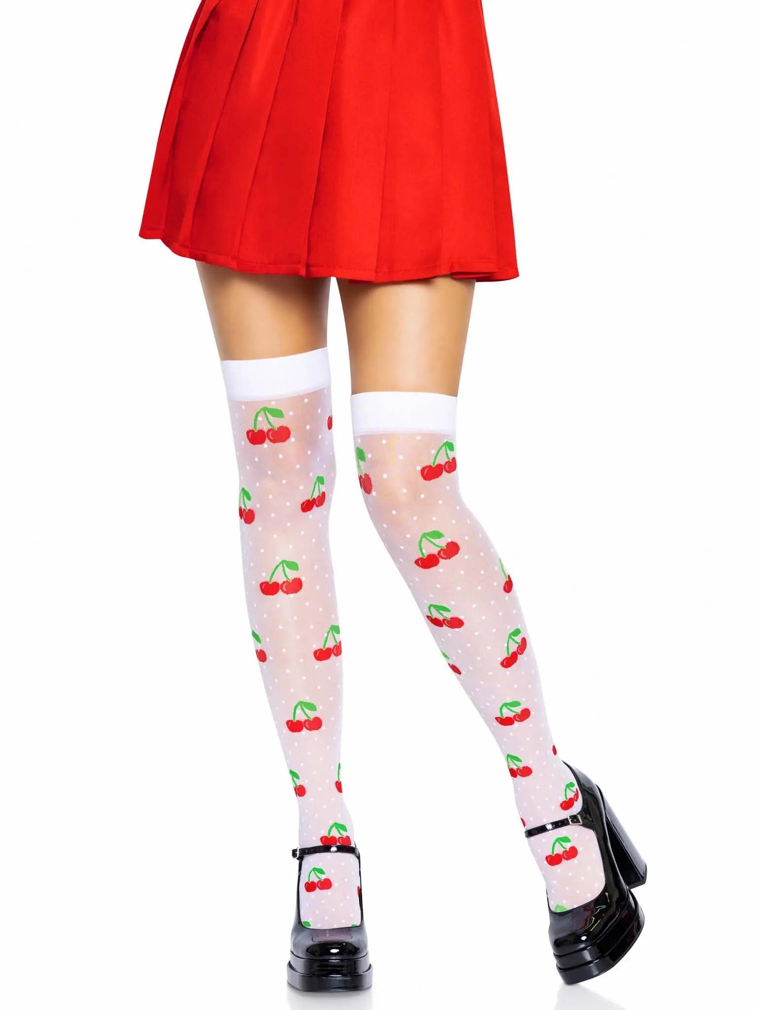 Women's Opaque Thigh-High Stockings - Soft Fabric, Cute Cherry Polka Dots, Graphic Design, Playful Look, Stylish Versatile Style for Shorts & Skirt Outfits, Drip Dry, Cherry Dots, Over-The-Knee