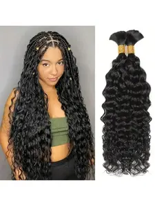 Human Braiding Hair 100g Water Wave Bulk Human Hair for Braiding 2 Bundles/Pack 16 Inch Wet and Wavy Boho Knotless Braids No Weft Real Hair Extensions Brazilian Virgin Curly Extensions Black