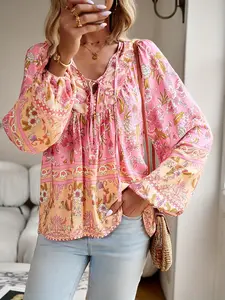 Boho Chic Floral V-Neck Blouse with Tie Detail - Long Sleeve, Casual Resort Wear for Women, Temperament, Fringed Shirt, Leisure Style