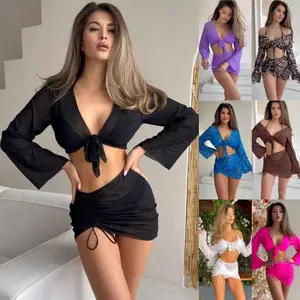 4-Piece set New high-end unique beach diving surfing sunscreen mesh bikini four-piece swimsuit women's high-end swimsuit