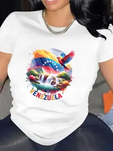 A Lovely Women'S Round-Neck T-Shirt Featuring a Venezuelan Pattern, Perfect for Spring And Summer Casual Sportswear
