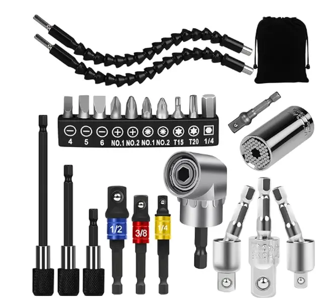 24pcs Flexible Drill Bit Extension Set, Hex Shank 105° Right Angle Attachmen, Rotatable Joint Socket 1/4 3/8 1/2 In Adapter Bendable Drill-Bit-Extension Screwdriver Kit (Black)