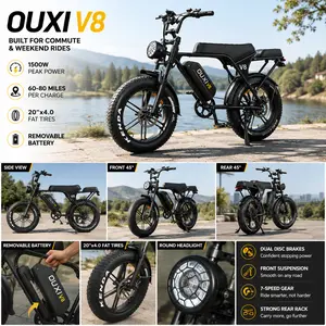 OUXI V8 Adult Electric Bike - 1500W Peak Motor, 48V 15Ah Removable Battery, 60 Mi Range, 20" Fat Tires, Full Suspension, 7-Speed Sports & Outdoor Cycling Equipment for Fathers