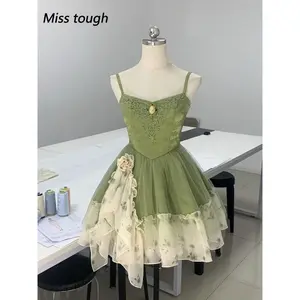 Women Green Fairy Style Dress Slim Fit Spaghetti Strap Lace Ruffle Hem Vintage Mesh Patchwork Elegant Kawaii Aesthetic Outfit