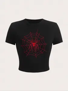 Women's Spider Web Print Round Neck Crop Tee, Streetwear Casual Short Sleeve T-Shirt for Summer, Ladies Clothes for Daily Wear, Round Neck Tops