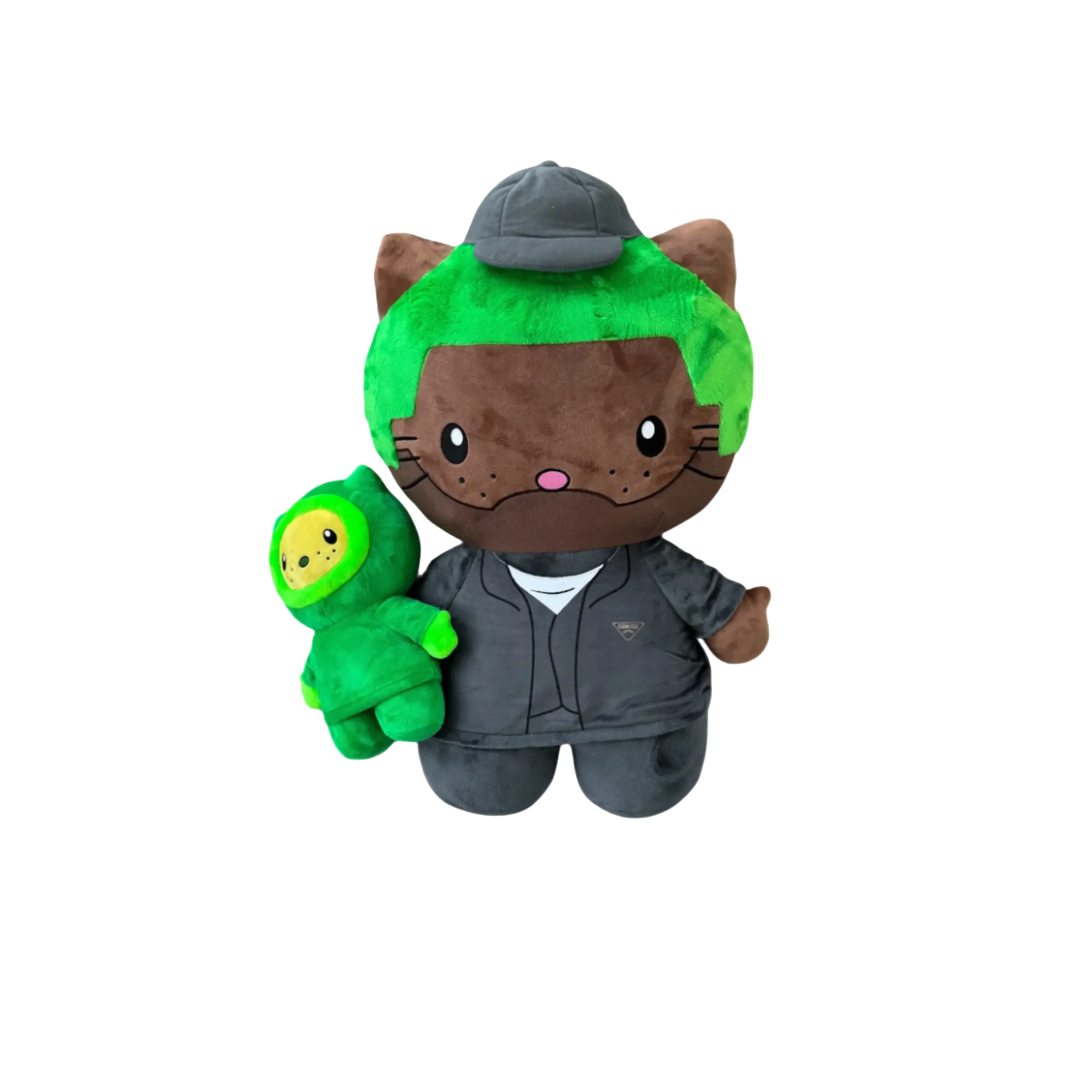 FRANK KITTY Plush Toy with Green Cat Design, Green Character, Gray Outfit, Ideal for Collectors and Fans