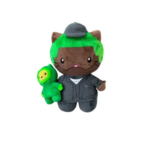 FRANK KITTY Plush Toy with Green Cat Design, Green Character, Gray Outfit, Ideal for Collectors and Fans