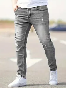 Men's Ripped Washed Skinny Jeans, Ripped Hole Jeans, Distressed Jeans, Casual Comfy Regular Fit Pocket Zipper Fly Denim Pants for Daily Wear, Fashion Men's Bottoms for All Seasons, Menswear