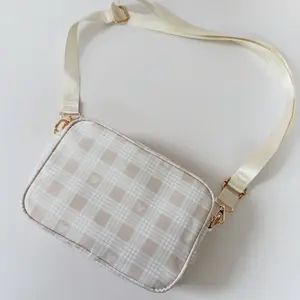 Neutral Checker Magical Mouse Crossbody Purse with Creamy Plaid Design and Adjustable Strap