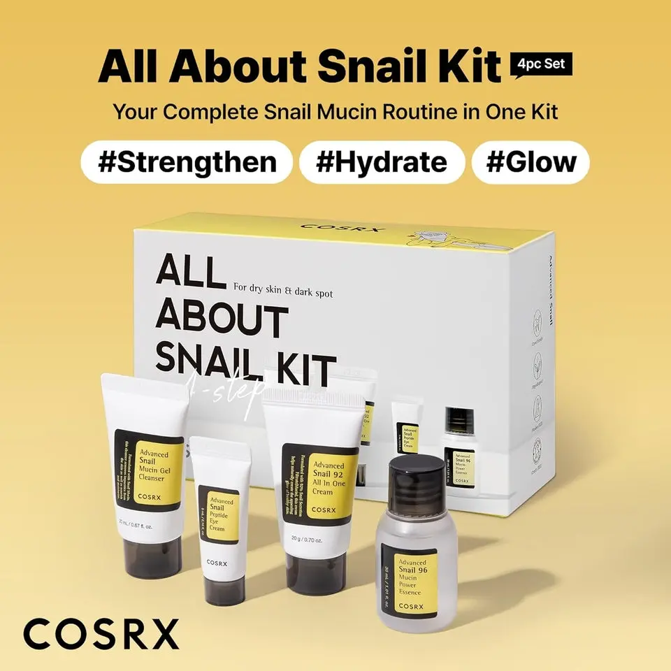 COSRX All About Snail 4-Step Skincare Kit | Hydrating Trial Pack with Snail Mucin, Cleanser, and Moisturizer to Restore and Soothe Skin, Hydrate