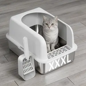 XXXL High-Sided Stainless Steel Litter Box for Big Cats | Open Top, Anti-Leak & Odor-Free Design | Includes Premium Litter Mat & Metal Scoop