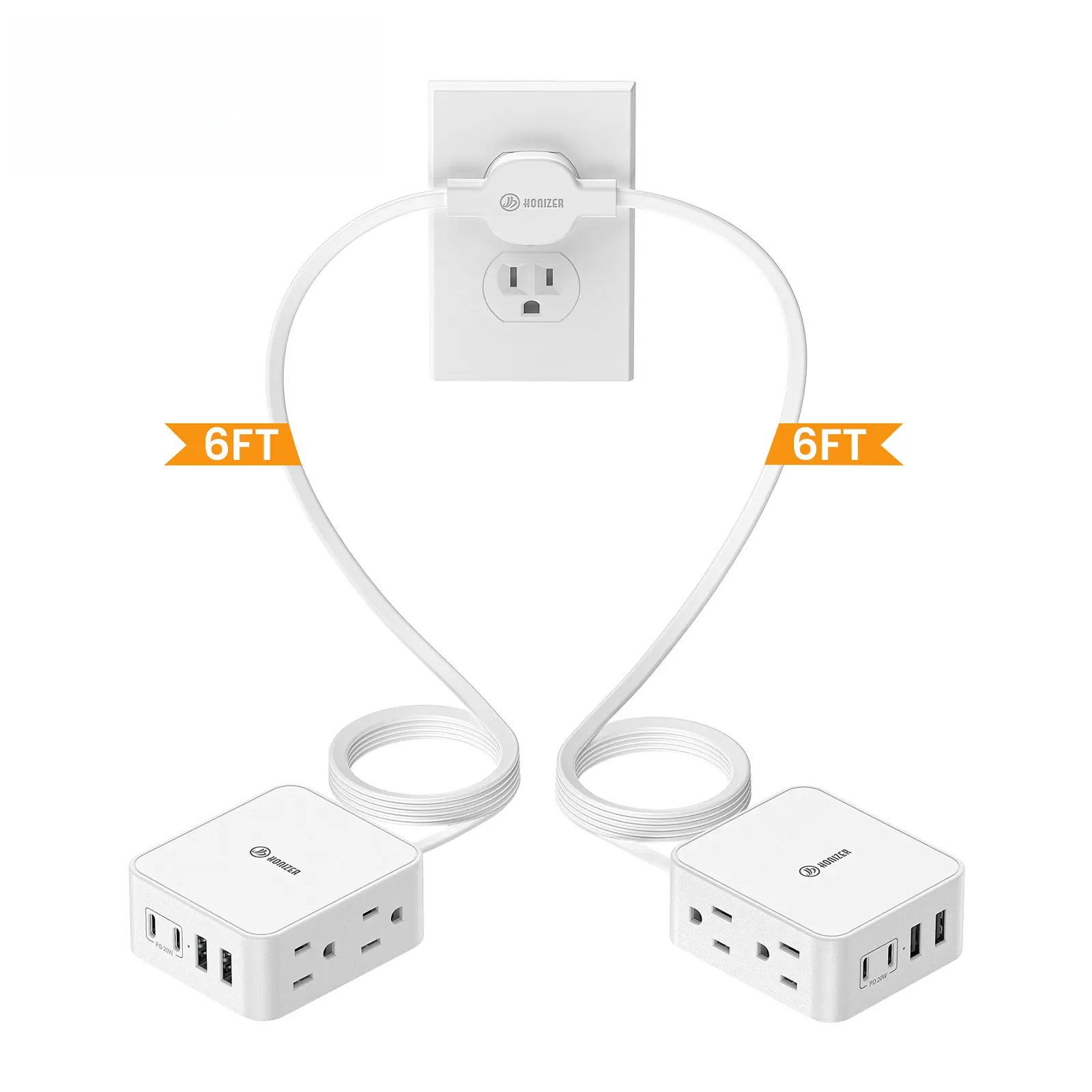 [2026] HONIZER Twin Extension Cord Splitter 12FT, Dual 6FT Cords with 8 AC Outlets & 8 USB Ports, 20W USB-C Fast Charging, Ultra-Thin Flat Wall Plug Power Strip with Circuit Breaker for Both Sides of Bed, Sofa, Dorm & Office