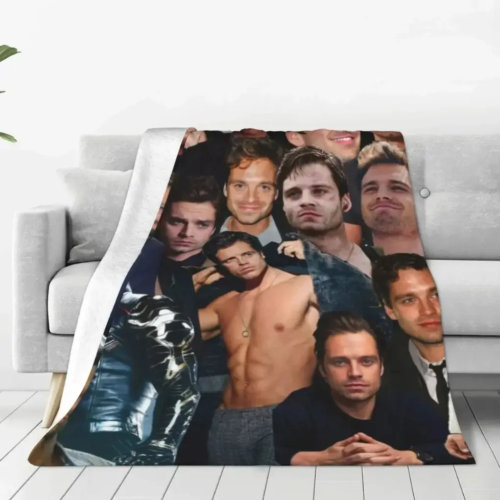 Warm Blanket Camping Sebastian Stan Photo Throw Blanket American Actor Bucky Barnes Flannel Bedspread Chair Funny Sofa Bed Cover  Best choice for home and outdoor