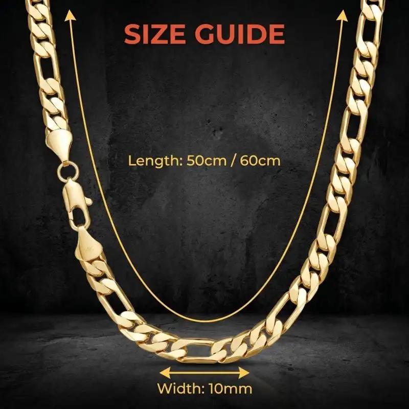 Men's 14K Gold Coated Brass Figaro Chain Necklace - 10mm Width, 20-24in Length, Italian Cuban Design, Anti-Tarnish Nano-Coating, Hip-Hop Street Style, Minimalist Layered Jewelry, Ideal Men's Gift