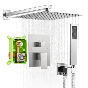 Shower Faucet Set With 12-Inch Square Rain Shower Head And Hand Shower, Brushed Nickel Finish, Wall-Mounted Bathroom Shower Fixtures, Multi-Function Mixer Valve, Easy Install, Durable Stainless Steel Construction