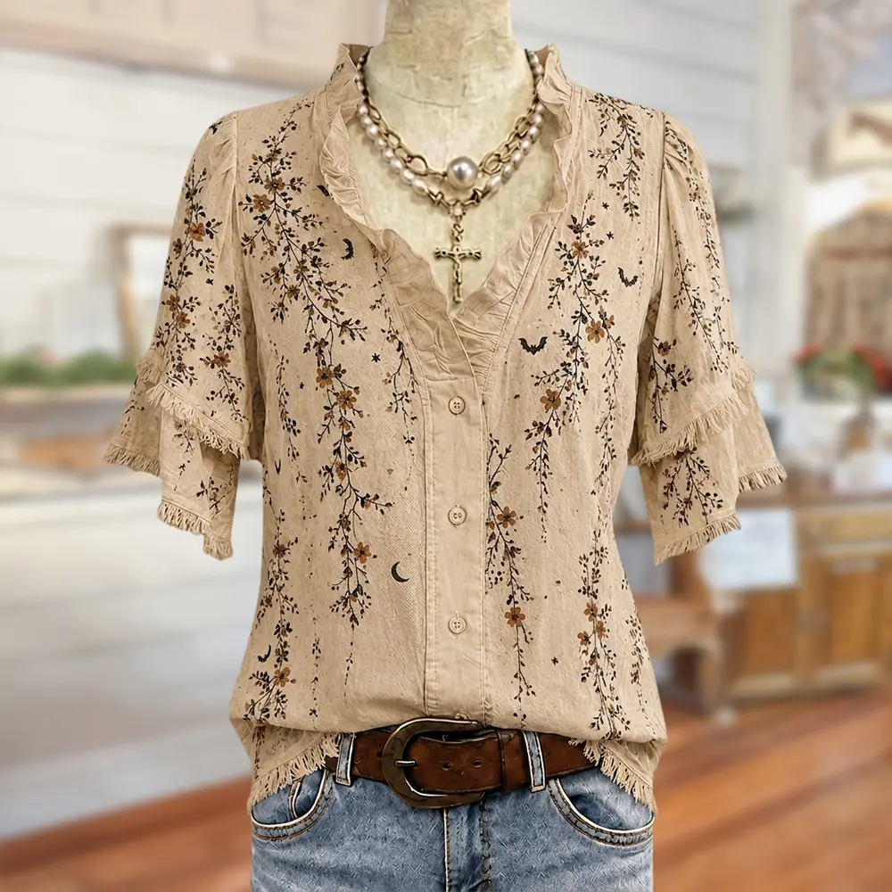 Sage Vell 100% Cotton Women’s Boho Halloween Top – Floral Bat Print Ruffle Neck Casual Fall Blouse,sohochic