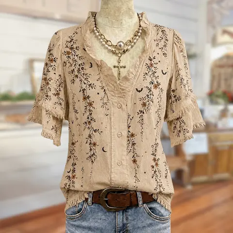 Women's Vintage 100% Cotton Boho Button-Front Blouse - Floral Bat Print, Ruffle Neck, Short Sleeve, Casual Fall Halloween Shirts for Women Boho Clothes