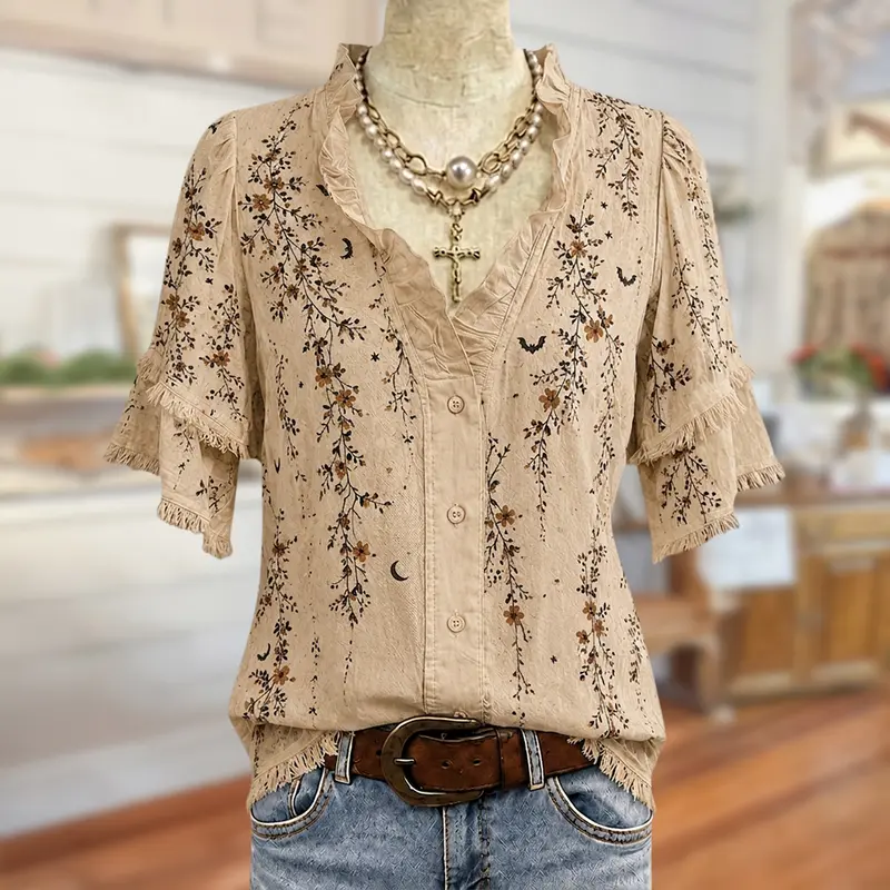 Women's Vintage 100% Cotton Boho Button-Front Blouse - Floral Bat Print, Ruffle Neck, Short Sleeve, Casual Fall Halloween Shirts for Women Boho Clothes