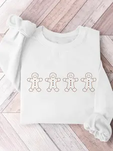 Women's Autumn Winter Cute Gingerbread Man Print Hoodie, Soft Thick Round Neck Sweatshirt, Casual Sporty Loose Fit, Versatile