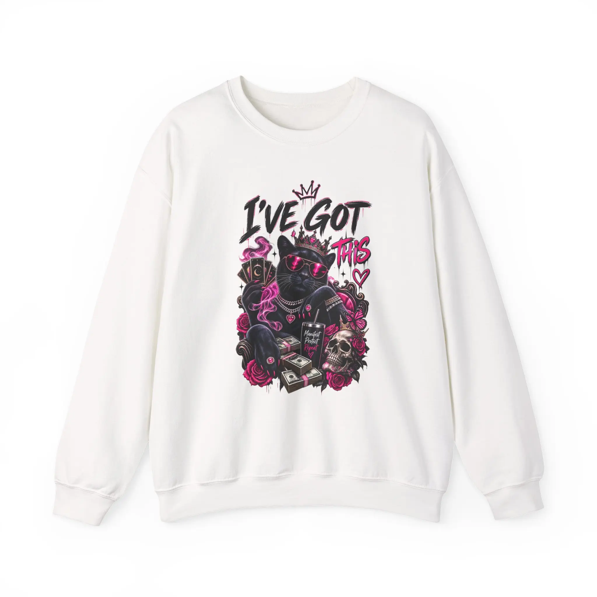 I've Got This illustration Crewneck Sweatshirt | gothic skulls, roses, neon accents