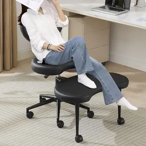 Ergonomic Cross Legged Chair with Wheels, Meditation Chair w/Backrest & Footstool, ADHD Desk Chair for Adults, Height Adjustable, Kneeling Chairs for Home Yoga Office Worker (PU+Black)