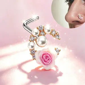20G 7mm L-Shaped Nose Stud Pink Rose & Pearl C-Shaped Nose Rings for Women Hypoallergenic Titanium Steel Fashionable Jewelry Cool Mothers Day Gift Unique Elegant Design Nose Piercing Kit