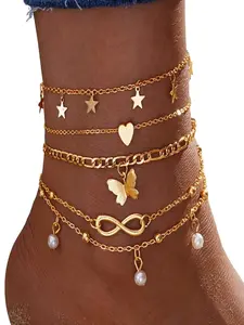 Elegant Metal Boho Anklet Set for Women, Heart Butterfly Infinity Pendant, Casual Fashion Jewelry for All Seasons