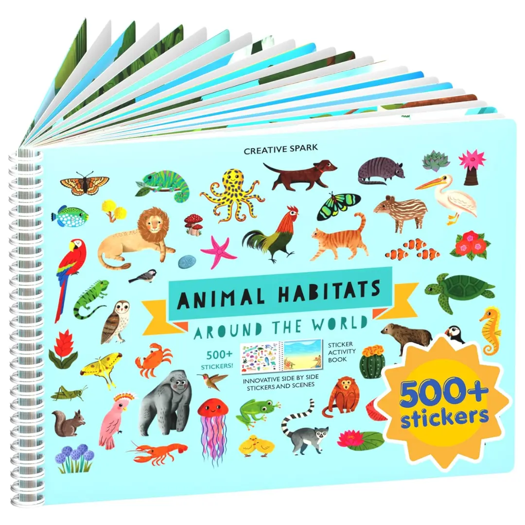 Animals Habitat 500+ Kids Sticker Book by Cupkin Toddler Airplane Travel Activity Coloring and Sticker Book, Road Trip Essentials, 12 Coloring Pages + 12 Scenes for Ages 2–8 Years