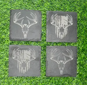 Deer Skull & Deer Skull with American Flag Slate Drink Coasters - 4 piece set  Stylish Tableware Engraved
