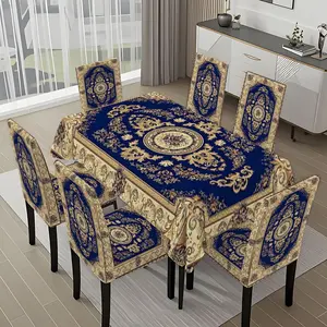 5/7-piece 2D Flat Printing Blue and Gold Classical Pattern Carpet Printing Pattern Tablecloth and Chair Cover Set, for dining table and chair decoration, perfect for home, holiday gatherings, restaurants, and parties.