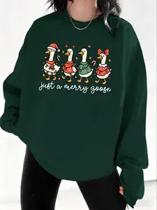 Women's Cozy Christmas 'Just A Merry Goose' Crewneck, Cute Cartoon Goose Graphic Long Sleeve Sweatshirt with Festive Outfits, Oversized Fit for Daily Holiday Style & Goose Enthusiasts, Unique Gift for Christmas Animal & Casual Wear Fans