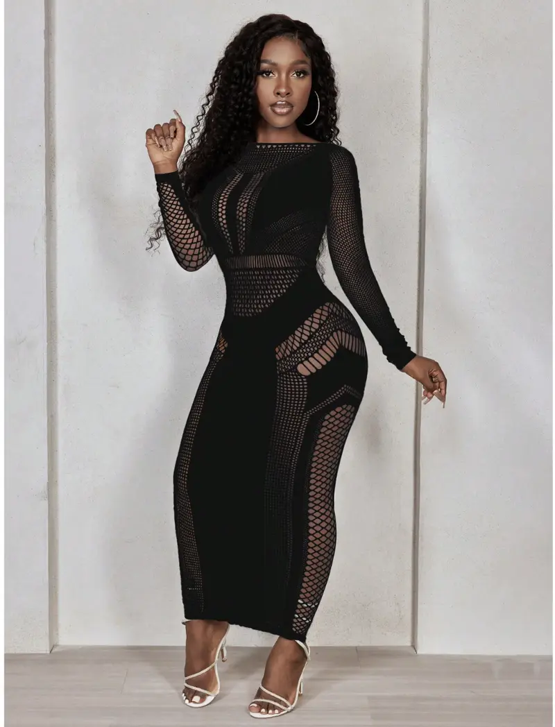 see through bodycon dresses Round Neck Lace Insert See Through Bodycon Dress – Mislish main image 1