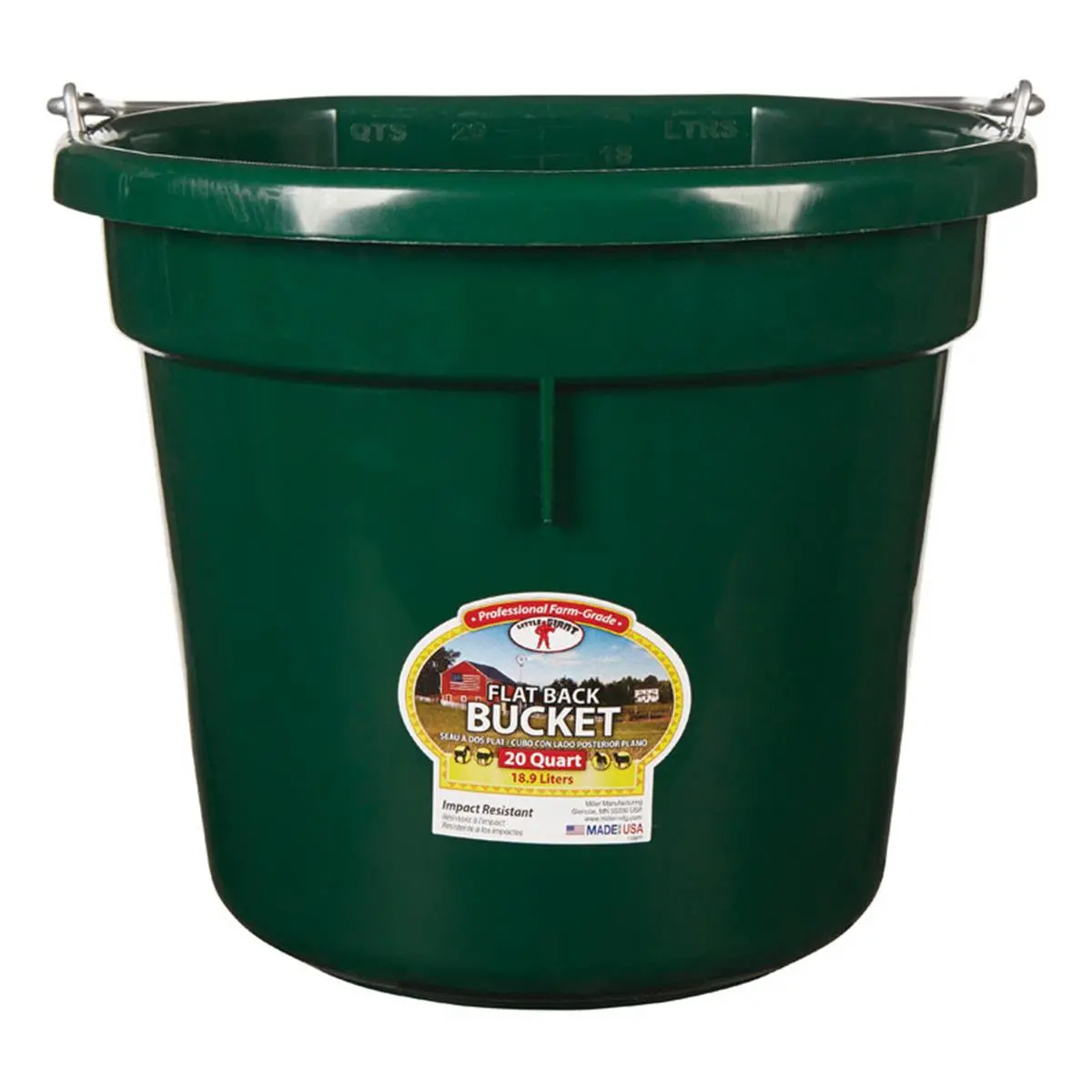 Little Giant 20 qt. Round Green Plastic Bucket - Flat Back, 1-Piece Polyethylene Construction, Wire Bail Handle, One-Piece