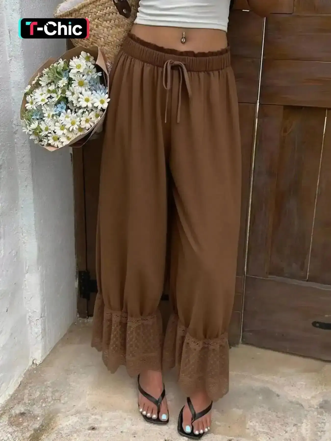 Lace Patchwork Women's Loose Pants Casual Fashion Boho Trousers Chic Elegant Simple Aesthetic Style for Daily Vacation Party Shopping All-Season Bottoms Fit Womenswear urban streetwear multi pocket relaxed style