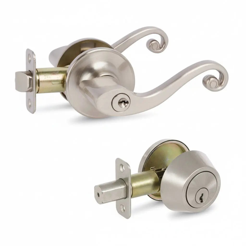 Livingston Satin Nickel Entry Lever with Matching Single Cylinder Deadbolt Combo Pack