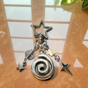 Spider Web Spiral Star Keychain Gothic Aesthetic Key Ring Handmade Jewelry with Unique Star Charms and Swirl Design
