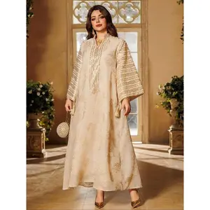 Women’s Contrast Sequined Embroidered V‑Notch Dress, Modest Long‑Sleeve A‑Line Dress for Parties and Wedding Guests, Islamic Women’s Clothing for All Seasons (Gift)