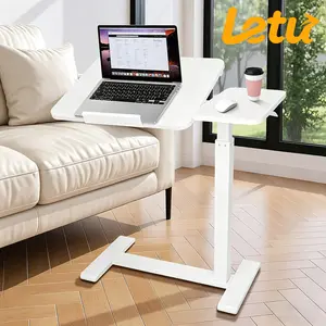 Adjustable Pneumatic Overbed Table, Split Top Tilting Mobile Standing Desk, Portable Movable Tilting Split Top Laptop Desk for Hospital, Home & Office, White