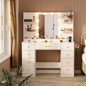 LAKEMID Modern Vanity Desk with Large Mirror LED Lights Glass Top Makeup Set Power Outlet Drawers Cabinet 3-Color Adjustable Lighting for Bedroom White