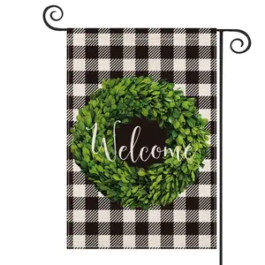 Garden Flag | Wreath Welcome, Farmhouse Buffalo Check Plaid Yard Flag Double Sided