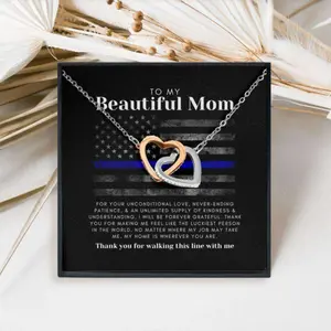 Mom Necklace, Police Gift For Mom: Police Themed Two Hearts Necklace, Christmas Thin Blue Line Leo Gift, Beautiful Necklace Gifts for Mom - Perfect Mother's Day Jewelry, Thoughtful & Meaningful Gift for Mother