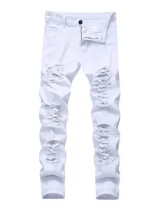 Mens Skinny Jean Stacked Classic Slim Fit Distressed Ripped Casual Hole Denim Pants White