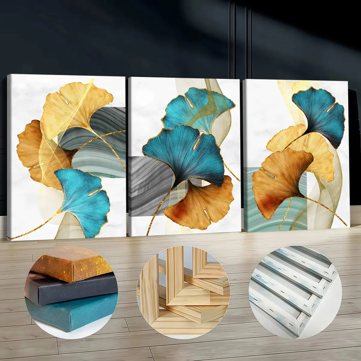 3Pcs Wooden-Framed Canvas Paintings - Artistic Abstract Ginkgo Leaves Gold Teal Fashion Art, Waterproof Odorless Print, Gold Decor, Living Room Decorations, Kid Room Decor Inspo