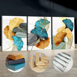 3Pcs Wooden Framed Canvas Painting, Abstract Ginkgo Leaves Gold Teal Artwork, Exquisite Poster, Home Decoration, Pattern Wall Art Decor, For Living Room, Bedroom, Office, Restaurant, Bar Wall Decor, Waterproof, Odorless, Painting, Print Artwork.