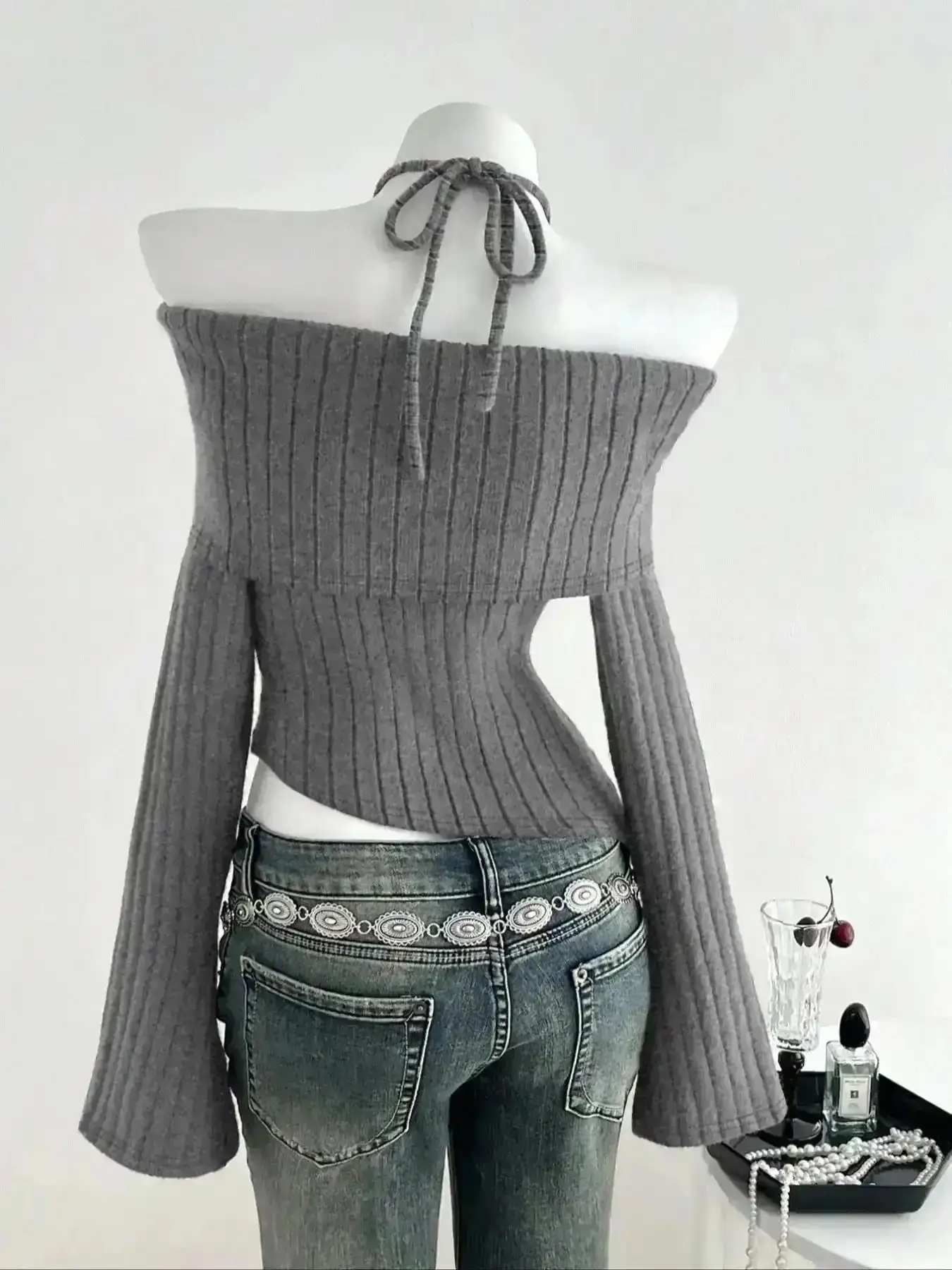 Chic 2026 Women Fuzzy Knit Asymmetrical Hem Bow Tie Design Sweater Casual Elastic Fitted Pullover Fall Winter Stylish Shoulder Cut Out Cozy, Chic, Simple Style, Holiday Wear, Flexible Fit, Sexy Fit, Slimming Style