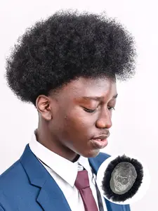 Afro Curly Toupee PU Base Hair Systems, 100% Human Hair V-looped Wigs for Men Biological Scalp Fluffy and Bouncy Hairpiece Breathable Puff Hair System(5*7/6*8/8*10 inch, Black)